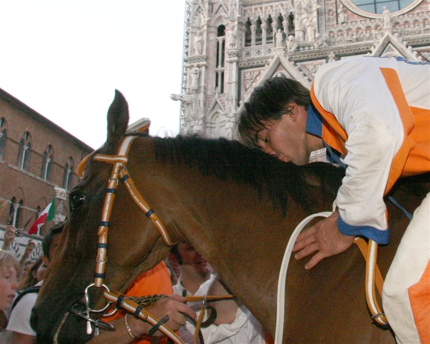 Un contradaiolo bacia il cavallo dopo la vittoria del Palio