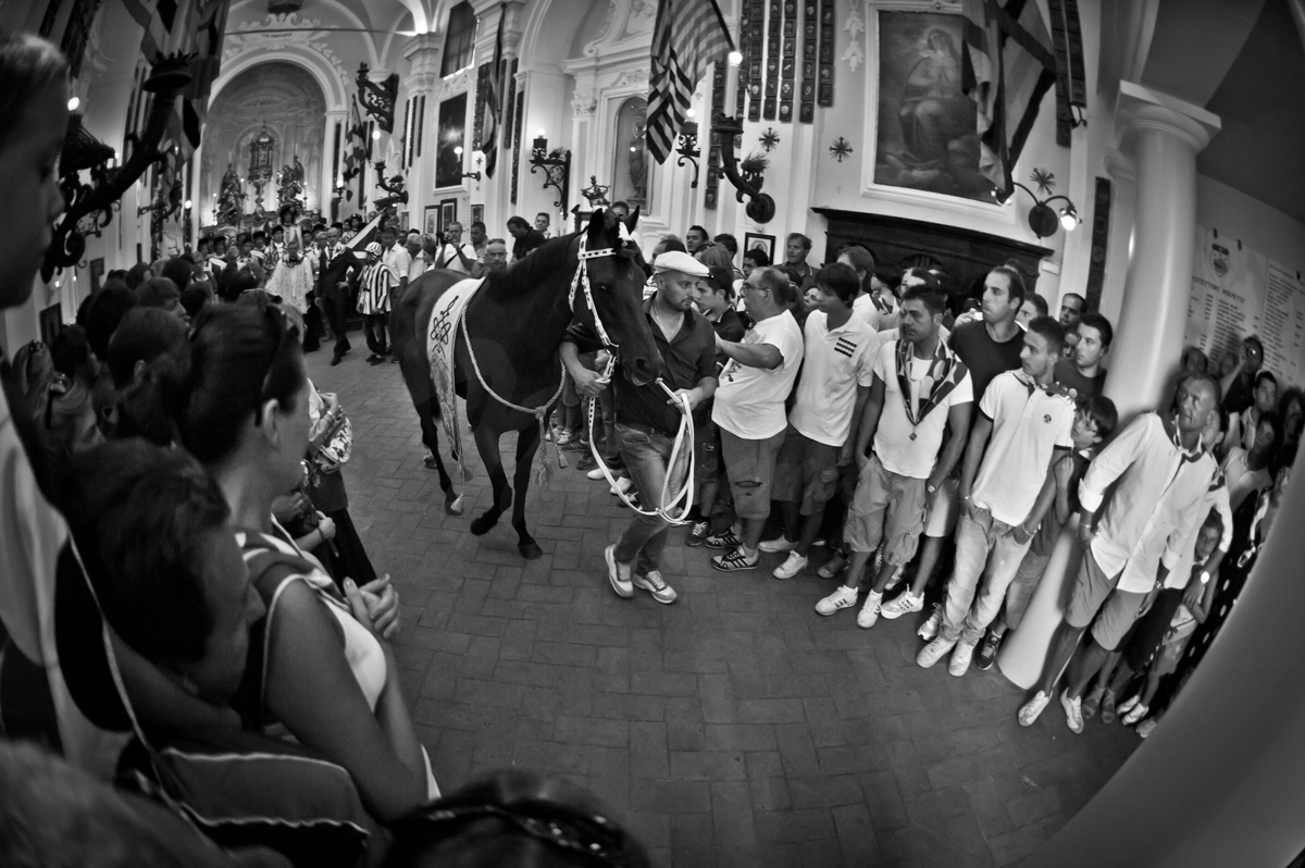 La benedizione del cavallo nella chiesa di contrada prima del Palio